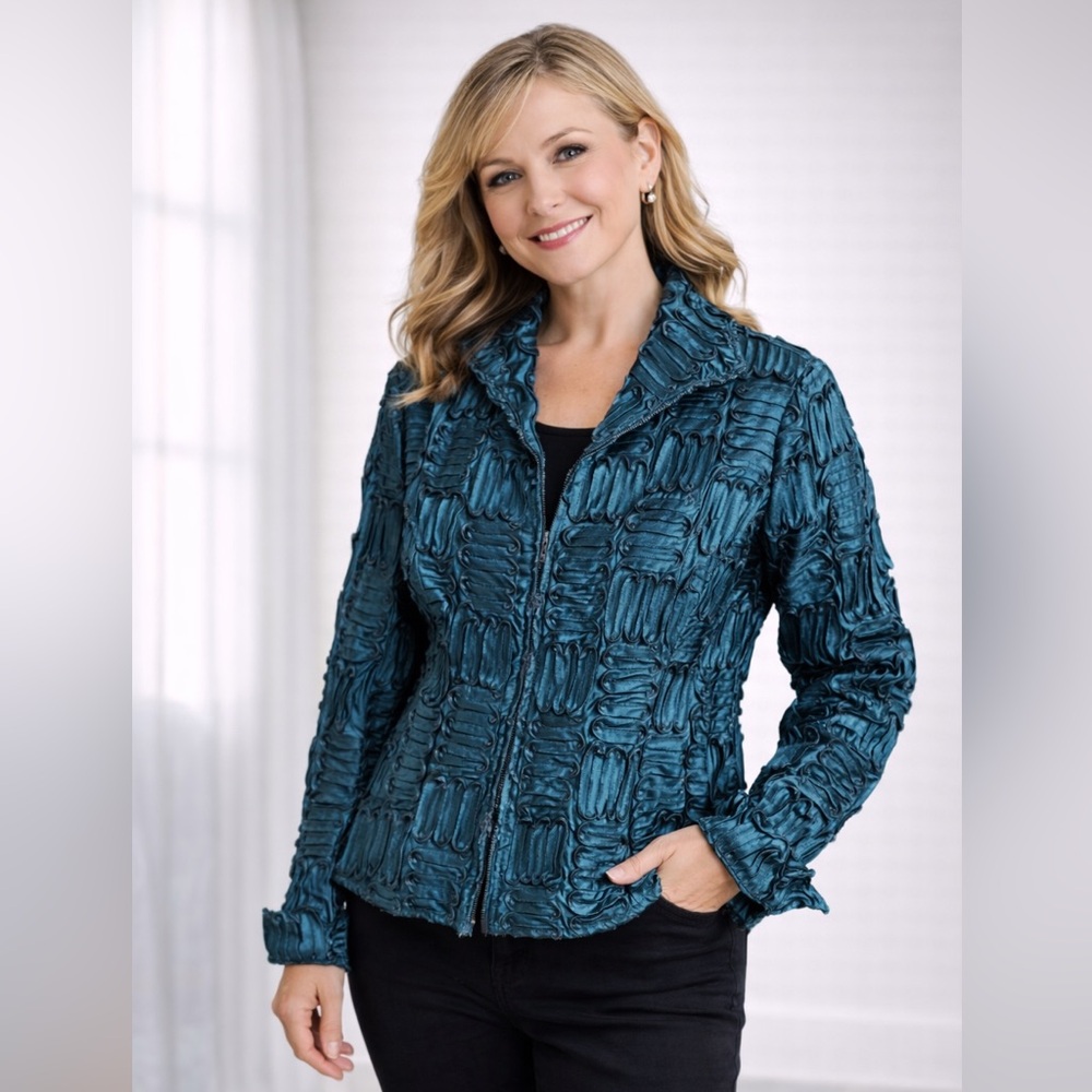 SAMUEL DONG Teal Textured Soutache Jacket | Size S | NWT